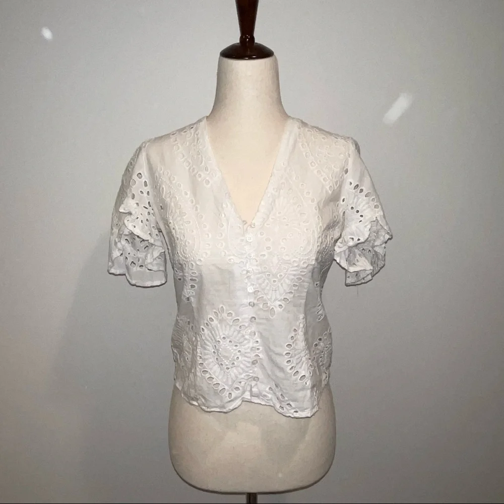 Zara White Eyelet Button-Front V-Neck Blouse
